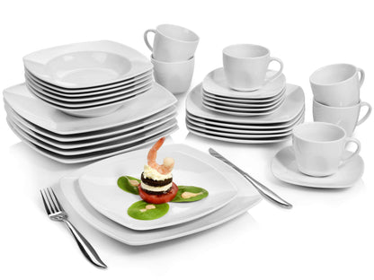 SINGER | 30-piece dinner set, porcelain tableware for 6 people, dishwasher-safe plates set, dining set with dinner plates & coffee service, square white tableware | PREMIUM COLLECTION