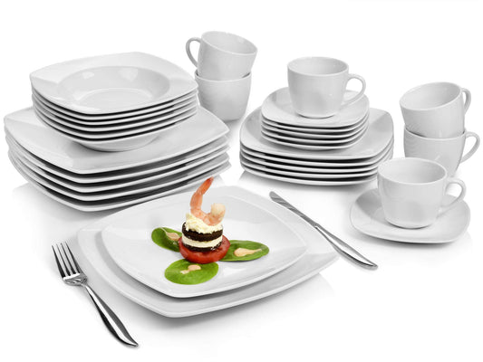 SINGER | 30-piece dinner set, porcelain tableware for 6 people, dishwasher-safe plates set, dining set with dinner plates & coffee service, square white tableware | PREMIUM COLLECTION