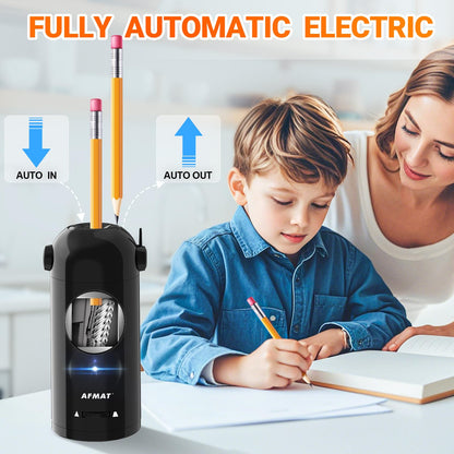 AFMAT Fully Automatic Electric Pencil Sharpener with Container, Electric Sharpener for 7-11.5mm pencils, Portable and Safe, Rechargeable Pencil Sharpener for Home, Office, School, Black