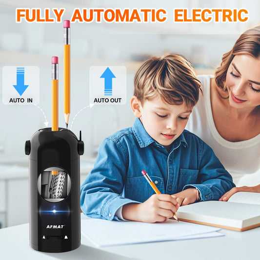 AFMAT Fully Automatic Electric Pencil Sharpener with Container, Electric Sharpener for 7-11.5mm pencils, Portable and Safe, Rechargeable Pencil Sharpener for Home, Office, School, Black