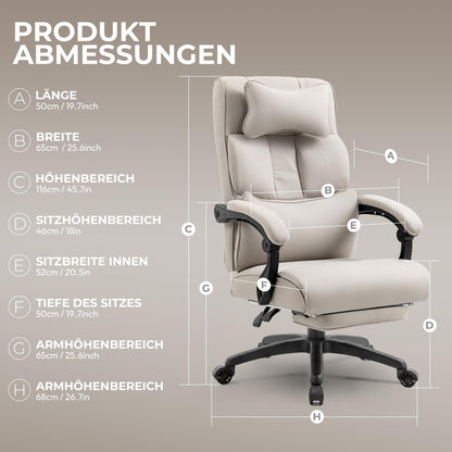 Dowinx ergonomic office chair with footrest and padded armrest, ergonomic fabric office chair, swivel computer chair with high backrest, adjustable height office chair 150 KG beige.