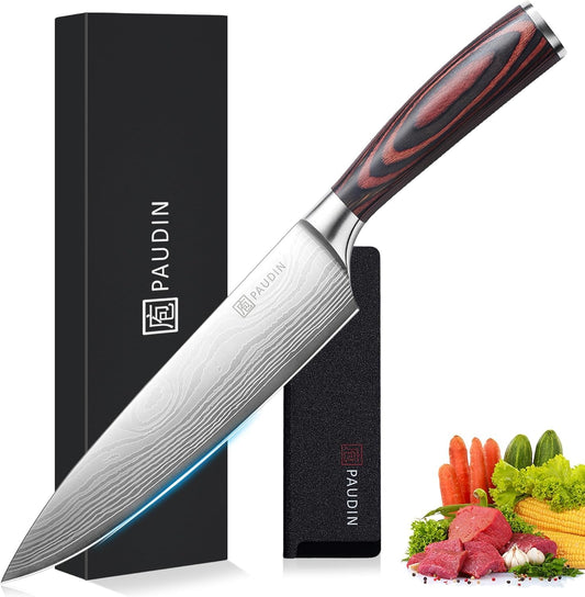 PAUDIN chef's knife, blade length 20 cm professional kitchen knife chef knife utility knife made of high-quality carbon stainless steel, extra sharp knife blade with ergonomic handle