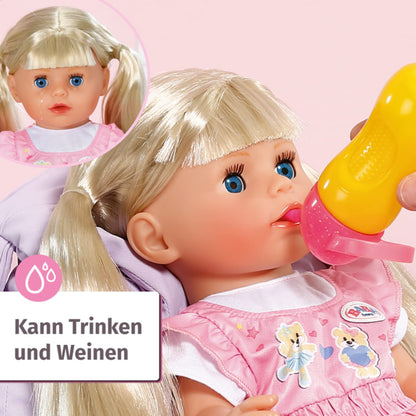 BABY born Kindergarten Little Sister doll with hair and functions, no batteries required. Includes accessories. Suitable for children aged 3 and up. 36 cm tall. Zapf Creation product number 828533.