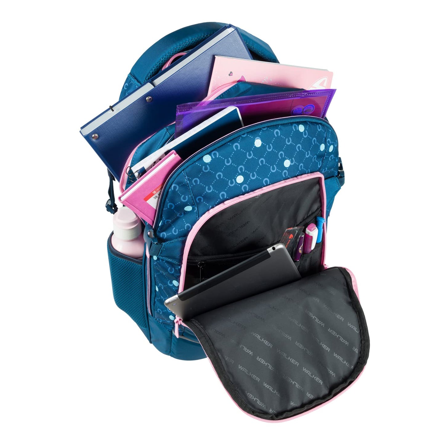 Walker school backpack Fame 2.0 "Lucky Horse" with 2 compartments, front pocket with organizer, side pockets, school bag including back padding, adjustable shoulder and chest straps.
