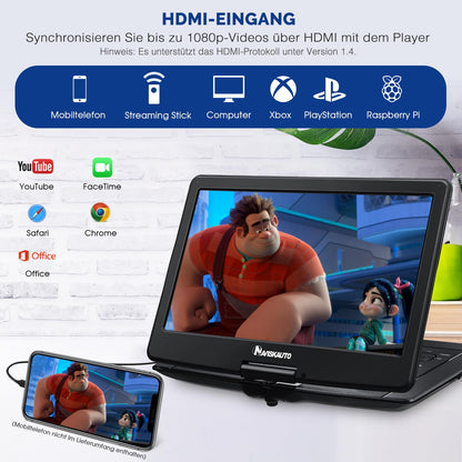 NAVISKAUTO 17.5'' portable DVD player for cars with 15.6 inch HD screen, HDMI input, 6-hour battery, supports USB, SD card, syncs with TV/projector. Perfect for kids.