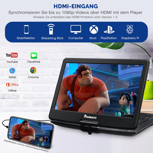 NAVISKAUTO 17.5'' portable DVD player for cars with 15.6 inch HD screen, HDMI input, 6-hour battery, supports USB, SD card, syncs with TV/projector. Perfect for kids.