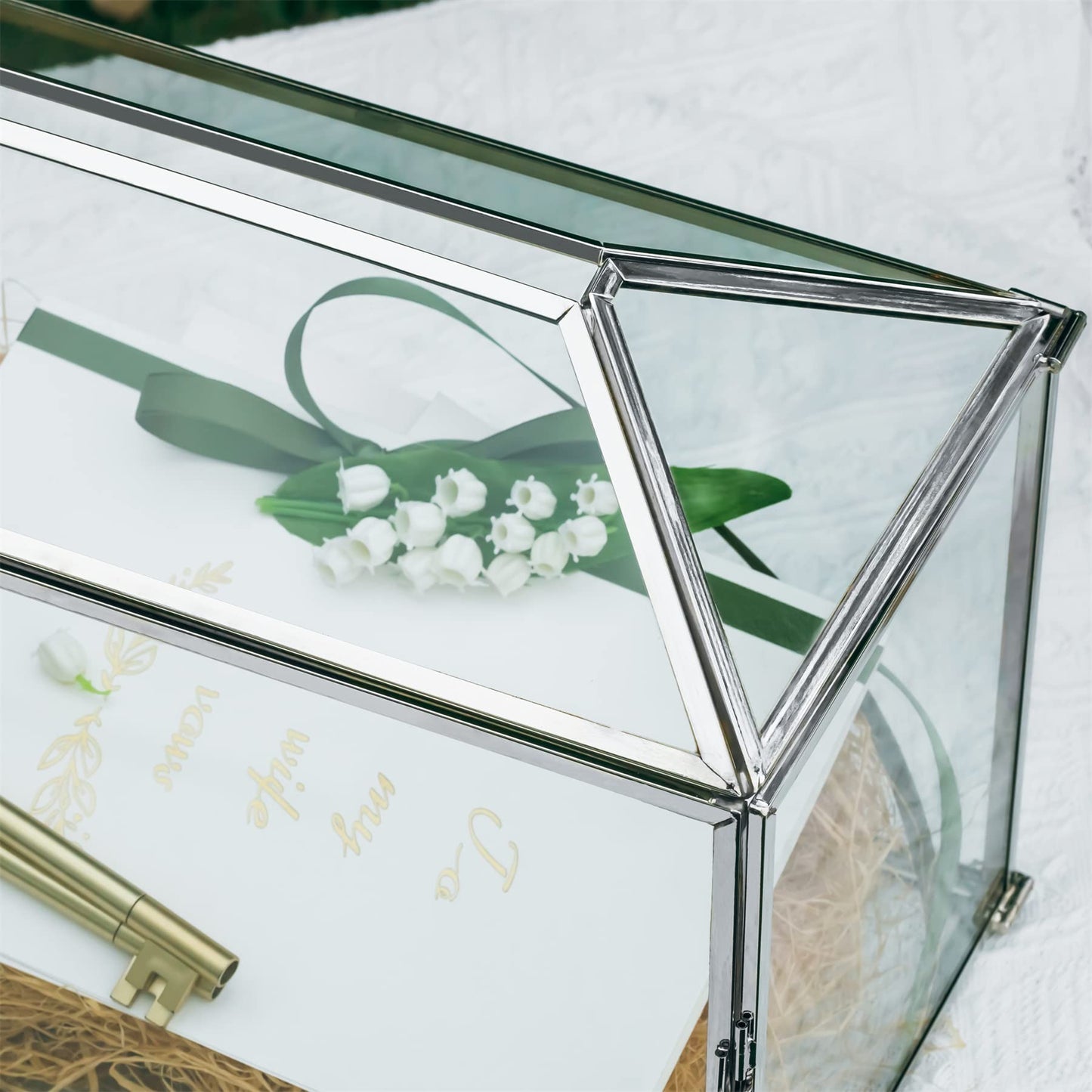 NCYP 32x15x23cm Silver Wedding Card Box made of glass with slot and lock. Handmade decoration for thank you cards, keepsakes, envelopes, terrarium (Glass box and lock only)