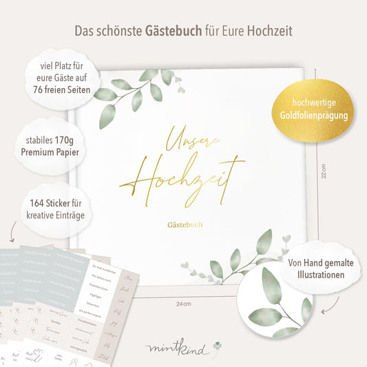 mintkind® Guestbook Wedding for Writing Greenery incl. 4 sticker sheets | 84 pages for creative design | Wedding gifts for the bridal couple as wedding decor | Golden Wedding Silver Wedding