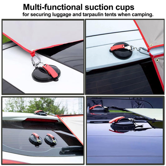 Suction cup hooks - set of 4 suction cups with 8 S-hooks, multi-functional suction cups, strong hooks for camping, RV, household, workshop, awnings, sunshades, tarps, car tensioners.