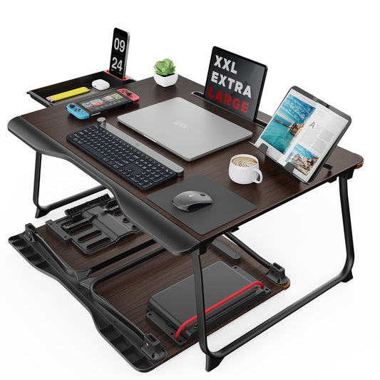 Laptop table for bed, SAIJI XXL folding bed table, for studying, eating, working, sofa, bed, with drawer, hand rest book stand, tablet phone stand (Black)