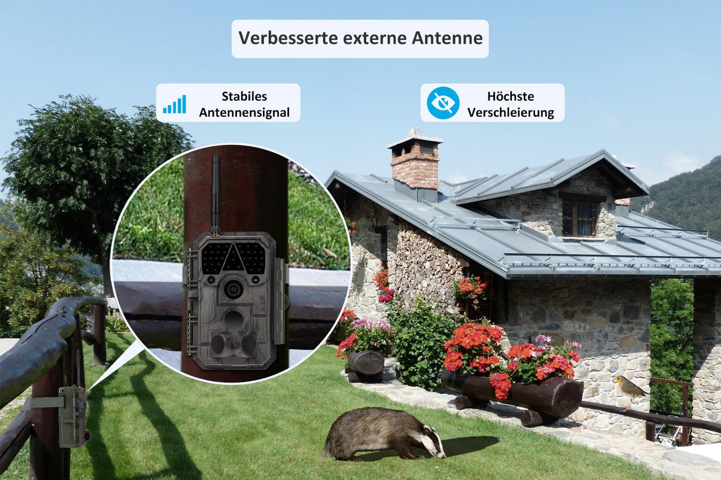 Meidase P100P Trail Camera WiFi Bluetooth, 48MP 1296P, 27m detection range, 0.1s motion activation, IP66 waterproof, mobile app transfer, 8000mAh rechargeable battery.