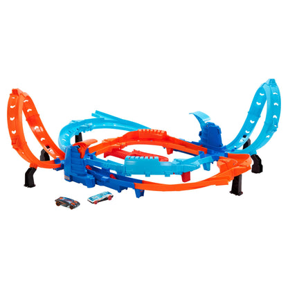 Hot Wheels toy car trackset, Ultra Hots high-speed racing start with 2 vehicles in 1:64 scale, head-to-head racing and stunts, 2 manually operated starters, HXR71.