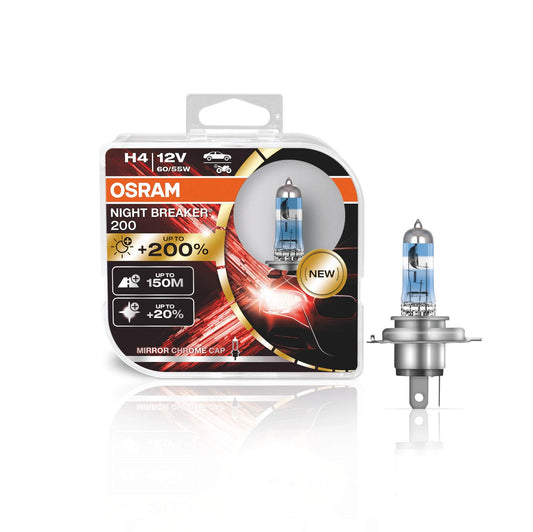 Osram NIGHT BREAKER 200, H4, +200% light, halogen lamp for headlights, 64193NB200-HCB, 12V car, twin pack (2 lamps)