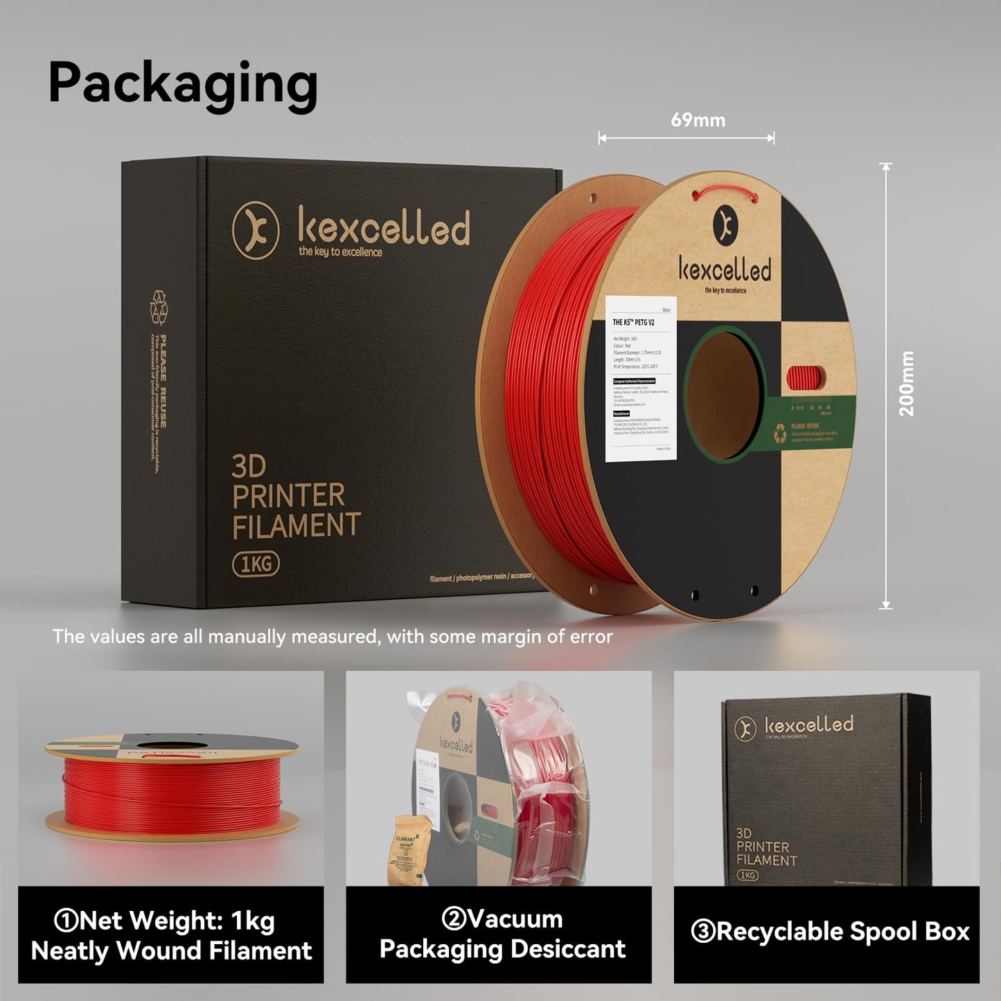 kexcelled PETG filament 1.75mm, 3D printing filament +/- 0.03mm, 1kg spool (2.2 lbs), chemical resistance, suitable for most FDM printers, transparent yellow