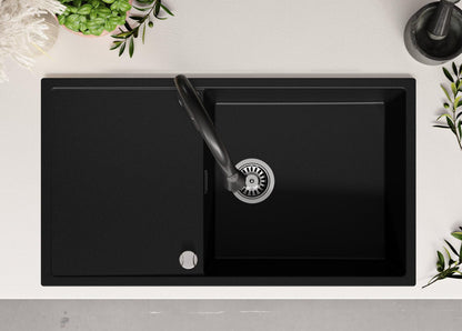 PRIMAGRAN granite sink black 90x50cm, granite sink 1 bowl + drain set, kitchen sink from 60cm base cabinet - Ibiza S034