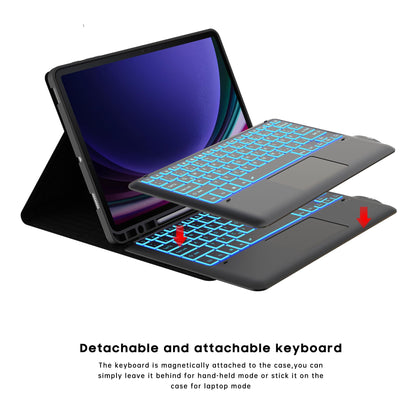 Keyboard case for Samsung Galaxy Tab S9 FE Plus / S9 Plus 12.4 Inch - 7 Color Backlit Touchpad Folio Tablet Cover - Backlit German QWERTZ Layout Keyboard for Tab S9 FE+ / S9+ Black