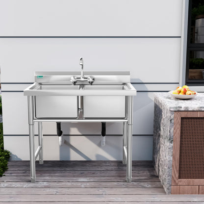 YITAHOME Kitchen Sink, Commercial Restaurant Sink, Portable, Freestanding, Catering Sink, Stainless Steel, Outdoor Double Basin Station, Sink for Hotel, Laundry Room, Basement, Garage