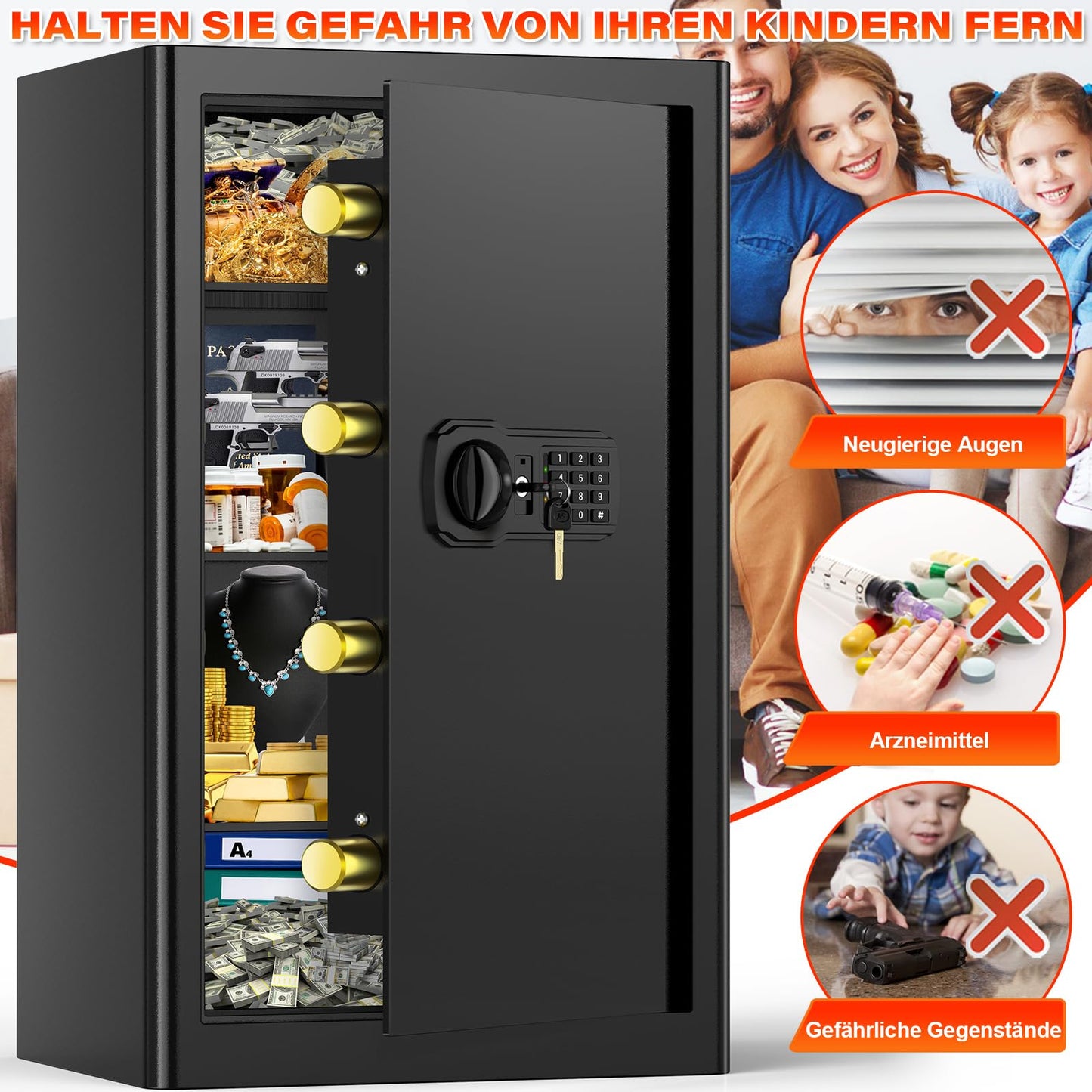 90L Large Fireproof Safe with Fireproof Document Bag, Digital Home Safe with Removable Shelf, Furniture Safe for Documents, Gold, Jewelry, Valuables