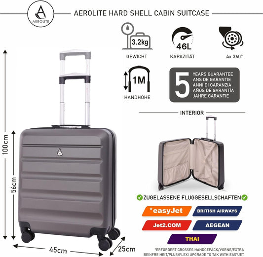 Aerolite 56x45x25cm Easyjet / British Airways / Jet2 maximum 4 wheel carry-on lightweight hard shell cabin suitcase travel trolley luggage 56x45x25 (Charcoal Grey)