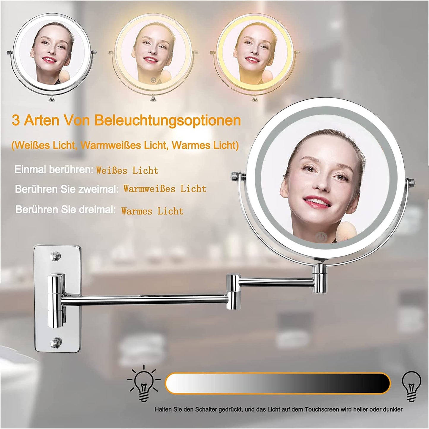 AUPERTO LED Lighted Makeup Mirror - Wall-mounted makeup mirror with 1x/10x magnification, touch button adjustable light, 360° swivel wall mount, and USB rechargeable for bathroom.