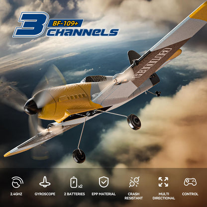 DEERC RC Airplane Messerschmitt Bf 109, 2.4GHz remote control airplane with 6-axis gyro stabilizer, 3-channel RTF RC glider toy for beginners, kids, adults.
