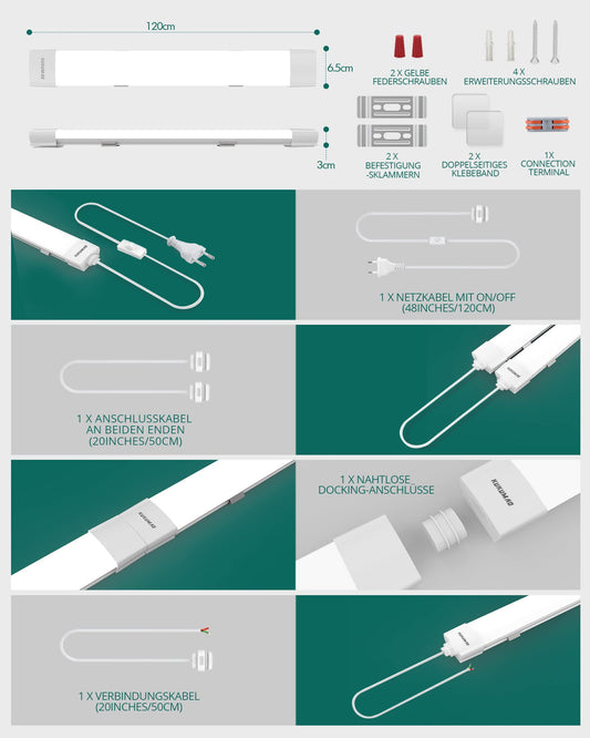 Moisture-proof LED light with plug 36W 4000LM 120CM Linkable Workshop lamp IP66 Waterproof Led tube light for garage cellar workshop Moisture-proof bathroom office warehouse hobby room, Neutral white 4000K.