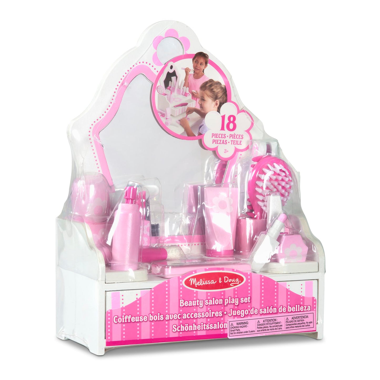 Melissa & Doug wooden beauty salon play set - 18-piece set with vanity and accessories for imaginative role play, no real makeup, for children ages 3 and up - FSC certified.