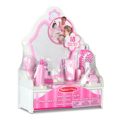 Melissa & Doug wooden beauty salon play set - 18-piece set with vanity and accessories for imaginative role play, no real makeup, for children ages 3 and up - FSC certified.