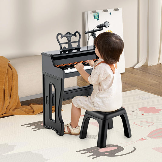 COSTWAY 37-Key Kids Keyboard, electronic child piano with stool, adjustable microphone & music stand, kids piano keyboard for children aged 3 and up (Black)