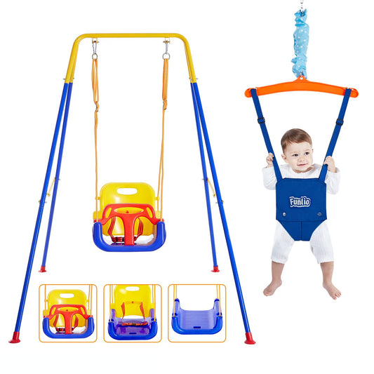 FUNLIO 2-in-1 Swing Set and Baby Door Jumper for toddlers, swing set for kids with 4 sandbags, foldable metal stand for indoor and outdoor use, easy to assemble and store.
