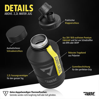 ABOVE. Stainless steel water bottle 1.3L / 2.2L - BPA-free, Leak-proof & Durable - 2L metal bottle with extra drinking spout for sports, fitness & outdoor use. Not a thermos bottle (Black, 2.2L).