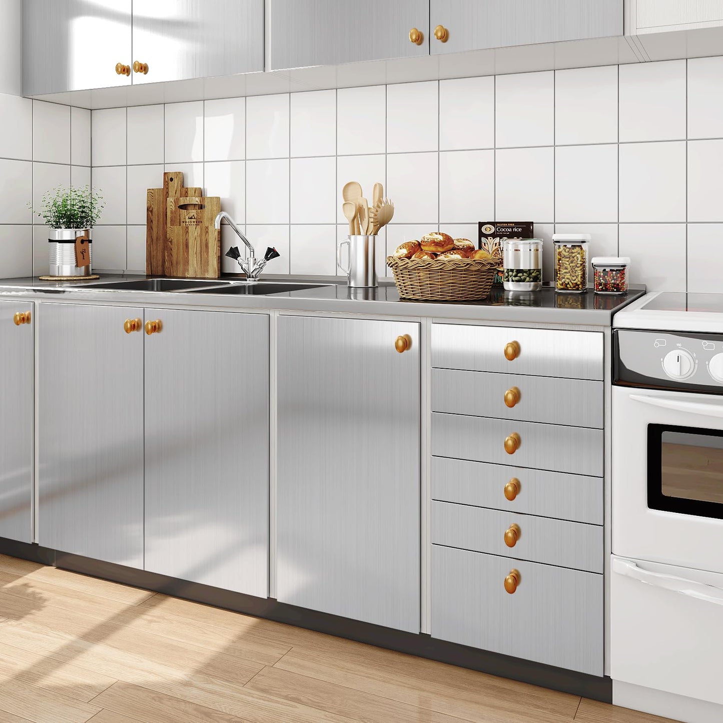 Livelynine 5M x 90CM wide adhesive film brushed stainless steel decor self-adhesive film kitchen foil wallpaper silver metal foil for kitchen refrigerator dishwasher kitchen adhesive films countertop.