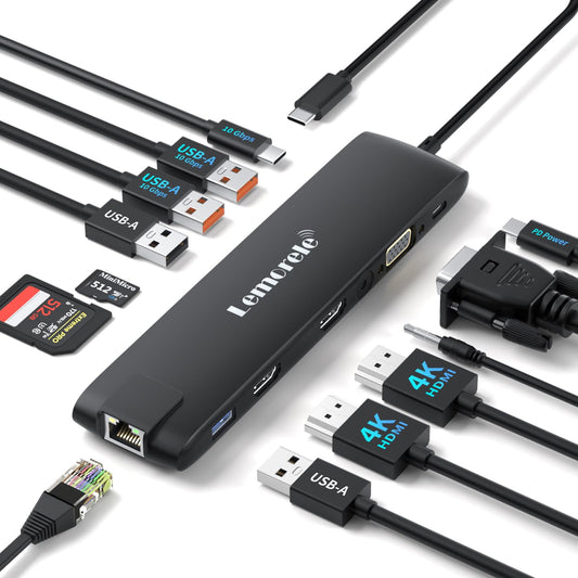 2025 upgrade Lemorele docking station USB C/A 10Gbps 3*Display- 14 in 1, USB C dock 2 HDMI adapter 4K, Ethernet, 4 USB 3.2/2.0, VGA, Type-C 3.1, PD 100W, audio, SD/TF, for Windows, MacBook