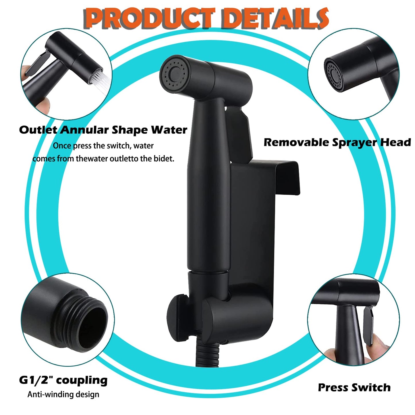 Bidet sprayer set, premium brushed stainless steel bidet sprayer, with G1/2" valve and G3/8" adapter for shower bathroom hygiene toilet paper diaper cleaning (black).