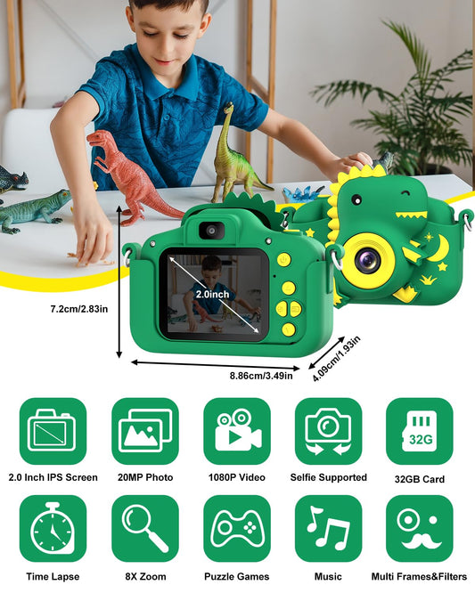 GREENKINDER Kids Camera, 2.0" Screen Children's Camera with 32GB Card, 20MP & 1080P HD Selfie Digital Camera for Kids, Dinosaur Gifts for 3-12 Year Old Boys and Girls
