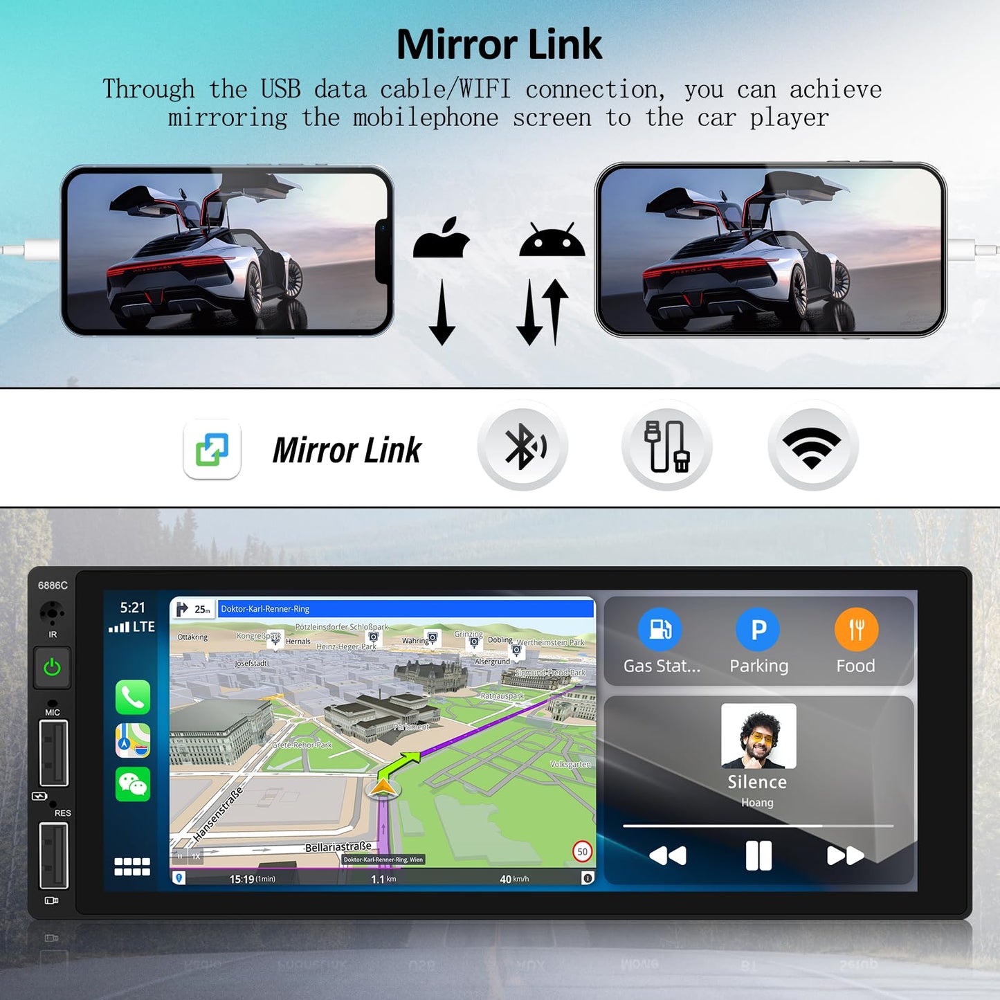 Single-Din car stereo with wireless Carplay, Android Auto, Bluetooth, 6.8-inch touchscreen, Mirror Link, AUX/USB/FM Radio, EQ, SWC, rear view camera, remote control, and microphone.