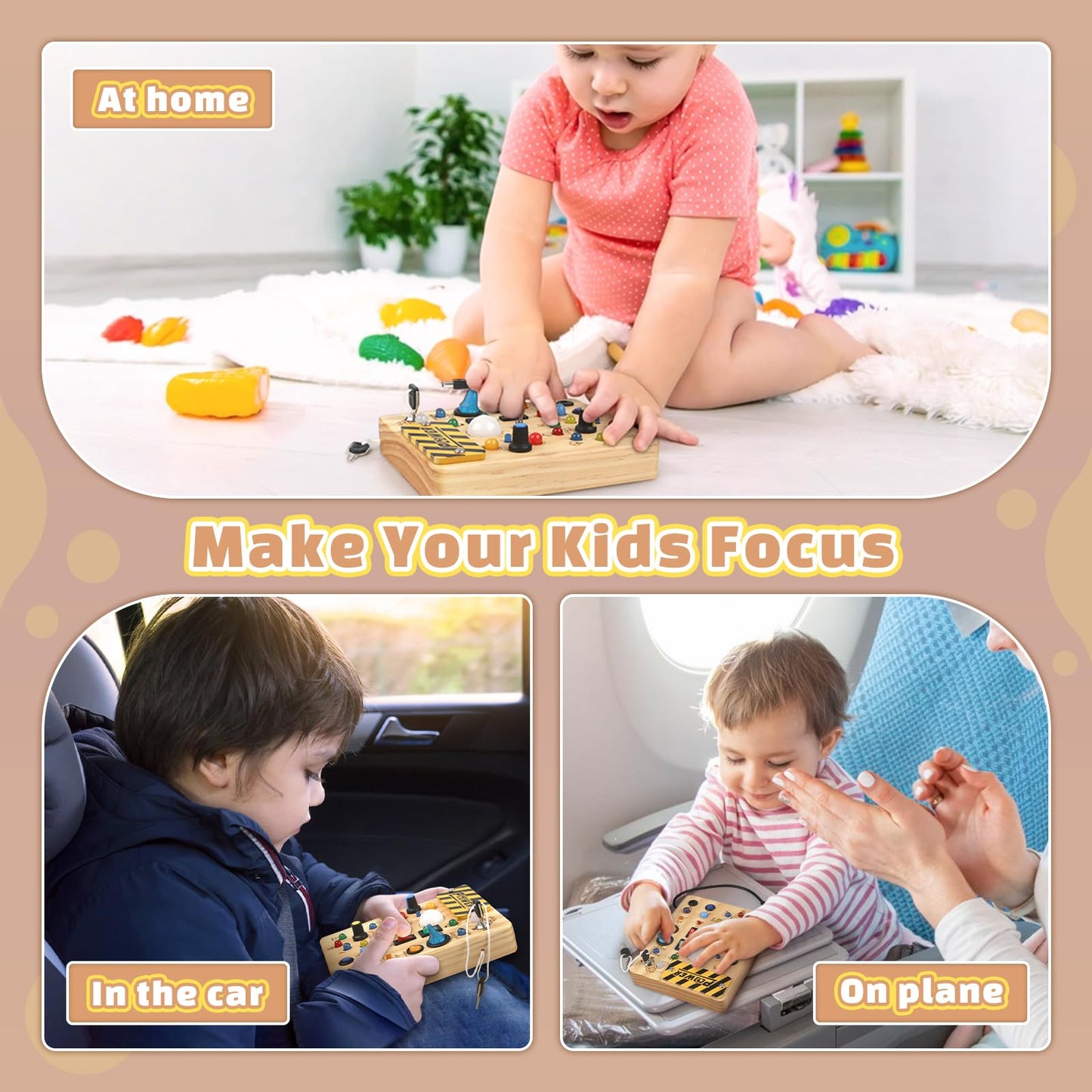 Baby Montessori Busy Board for 2 years and up, motor skills toy with 19 LEDs, activity board wooden toy educational sensory toy, gift for boys and girls aged 2, 3, 4 years.