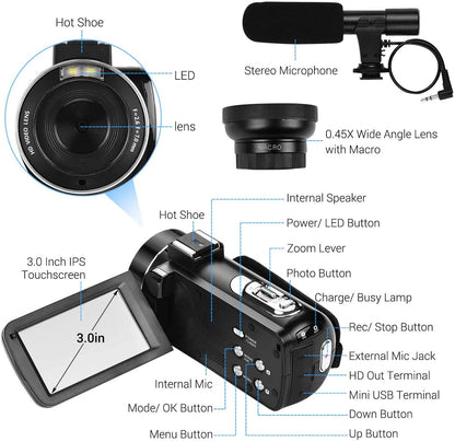 Andoer HD video camera, 4K video camera, Full HD, CMOS sensor, 18x digital zoom camera, 3.0 inch LCD, with 0.45x wide-angle lens and microphone.