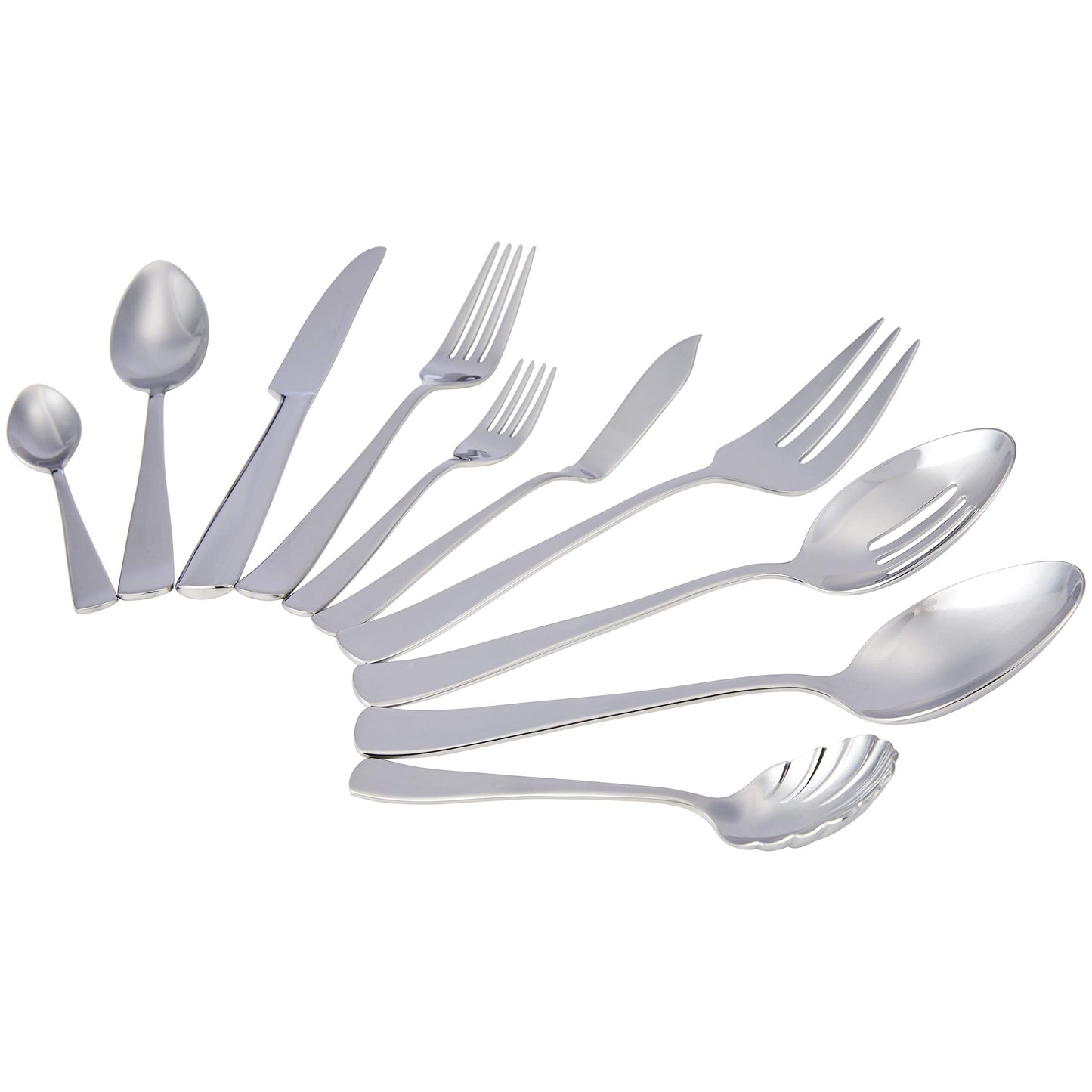 Amazon Basics - Stainless Steel Flatware Set with Square Edge, 45-Piece Set, for 8 People, Silver Color.