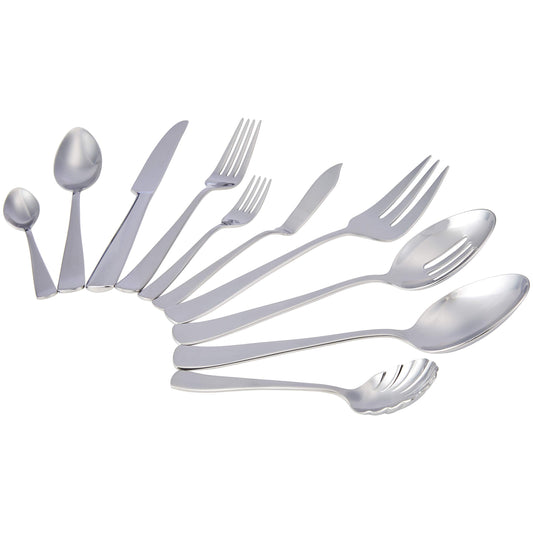 Amazon Basics - Stainless Steel Flatware Set with Square Edge, 45-Piece Set, for 8 People, Silver Color.