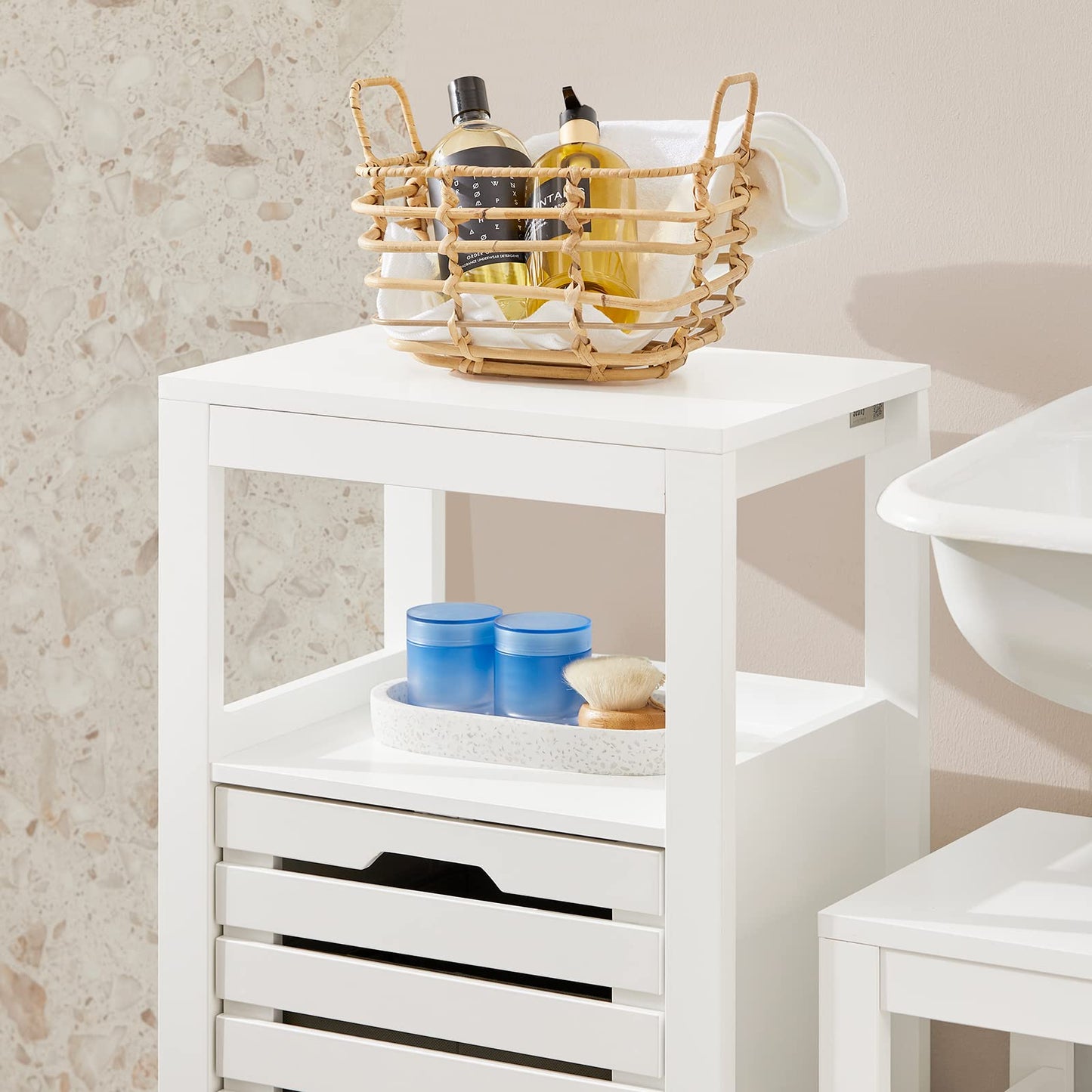 SoBuy Bathroom Cabinet with Laundry Basket - Laundry Cabinet, Bathroom Cabinet with Fold-Out Laundry Bag, Compact Bathroom Shelf, Wooden Bathroom Furniture, White, 42x90x30cm, BZR67-W
