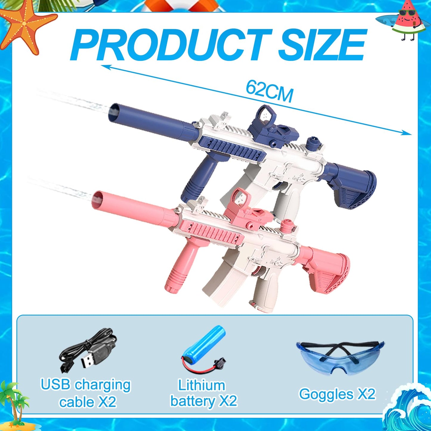 2 piece Electric Water Gun Set for adults and kids Water Toys, Water Guns Water Squirt Gun with 500ml water capacity, Low Power Protection Rechargeable Battery.