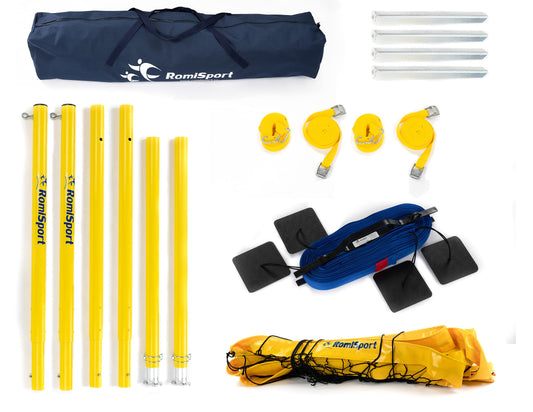 RomiSport set for volleyball: beach volleyball complete set with net, posts, courtline field markings. 8.5m volleyball net for outdoor beach grass park venues.