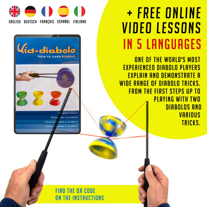 Juggle Dream Jester Diabolo Set - Fixed axle professional diabolo with Superglass handsticks, online learning video - juggling toy (Blue/Yellow)