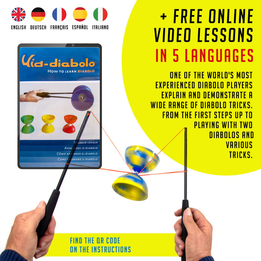 Juggle Dream Jester Diabolo Set - Fixed axle professional diabolo with Superglass handsticks, online learning video - juggling toy (Blue/Yellow)