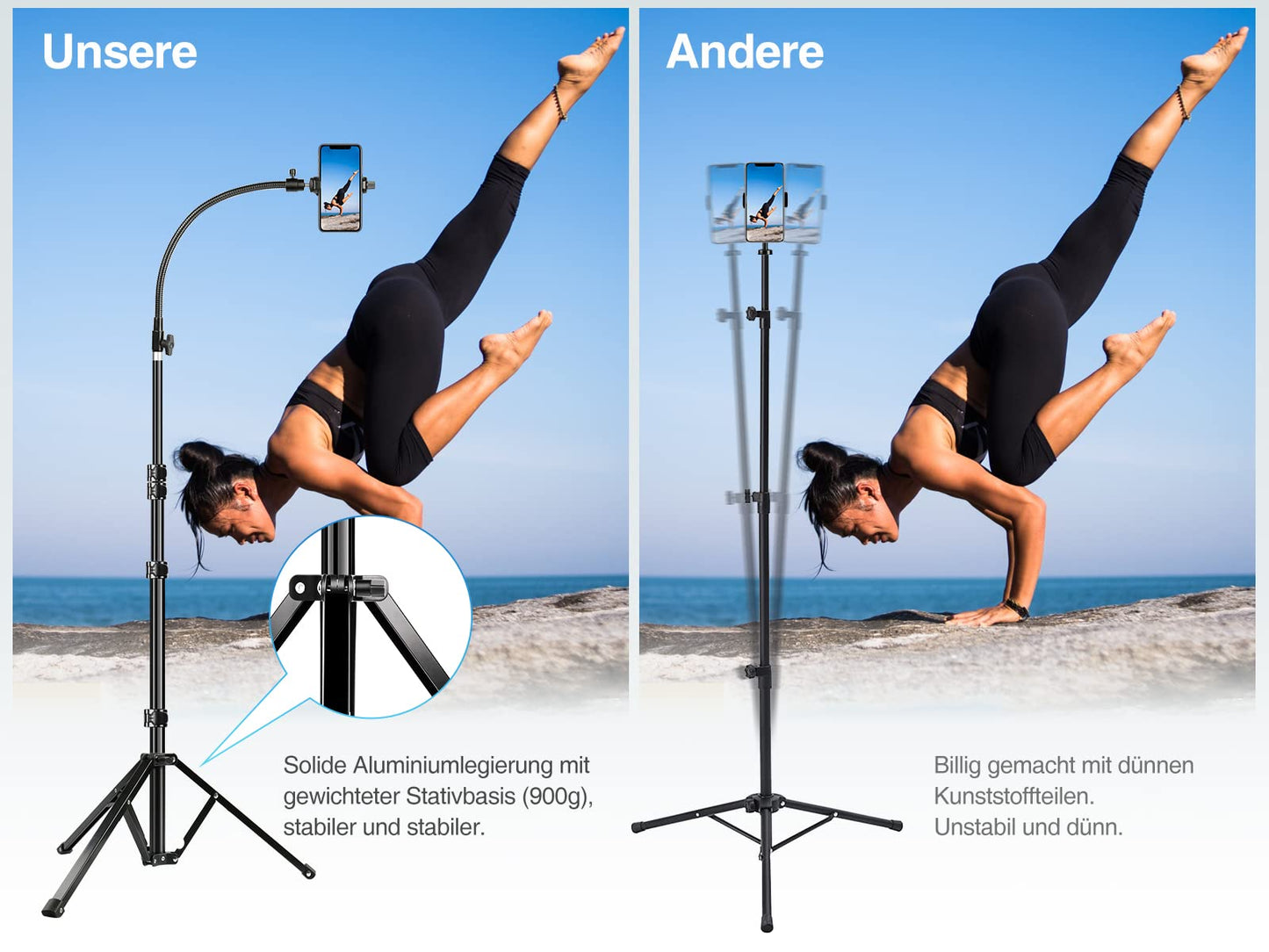 Elitehood 205cm tall phone tripod, flexible overhead iPhone tripod with 43cm adjustable gooseneck, heavy-duty aluminum tripod for iPhone 14 13 12 Pro Max Mini/Android smartphone