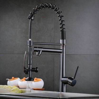Kitchen faucet with retractable dual-spray nozzle, 2-way kitchen water tap spiral spring tap 360° rotatable, black.