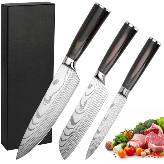 Gustrug knife set kitchen knife set 3 pieces with ergonomic handle, sharp knife set made of high-quality carbon stainless steel with chef's knife, Santoku knife, utility knife.