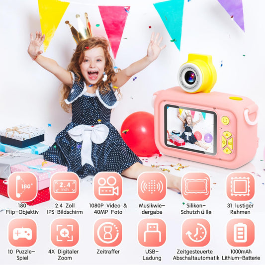 Children's camera for 3 4 5 6 7 8 9 10 11 12 year old girls/boys, kids camera with 180° flip lens & 2.4in IPS screen, birthday party gift toy for girls/boys, 32GB, X101
