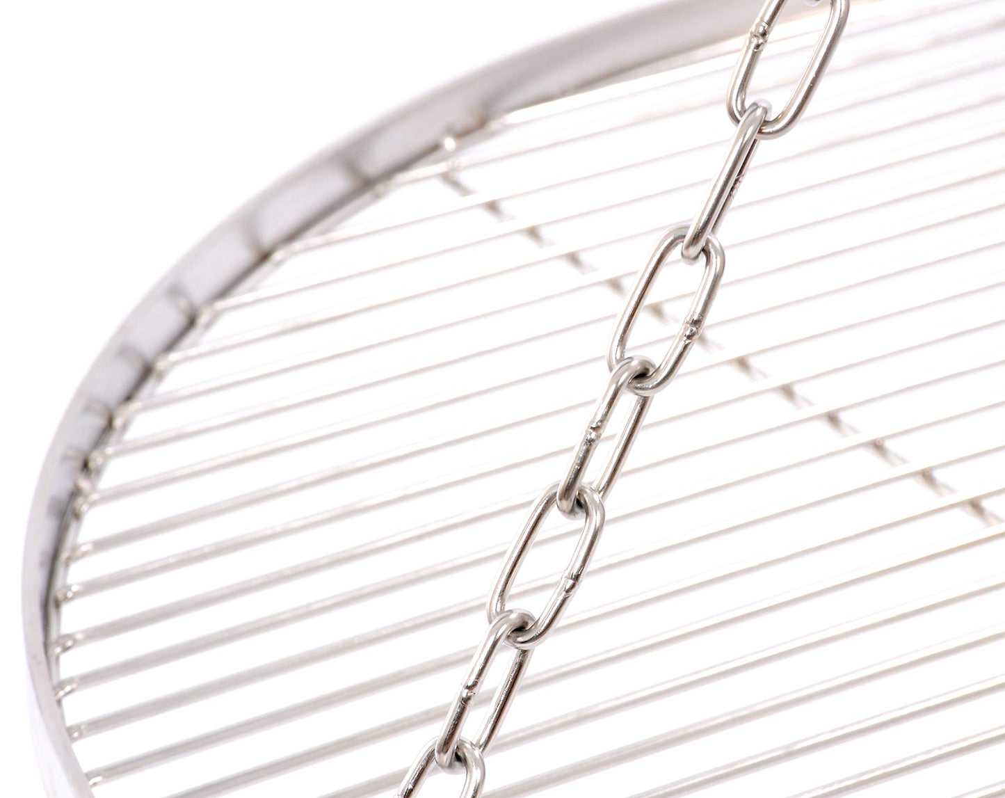70 cm stainless steel grill grate for tripod swing grill, with chain and 14 mm rod spacing.